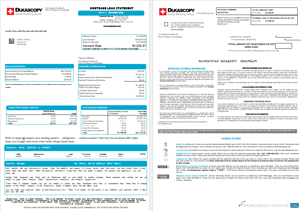 Switzerland Dukascopy bank mortgage loan statement in Word and PDF formats , 8 pages 1 2